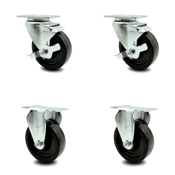 4 Inch Phenolic Swivel Top Plate Caster Set with 2 Brakes 2 Rigid